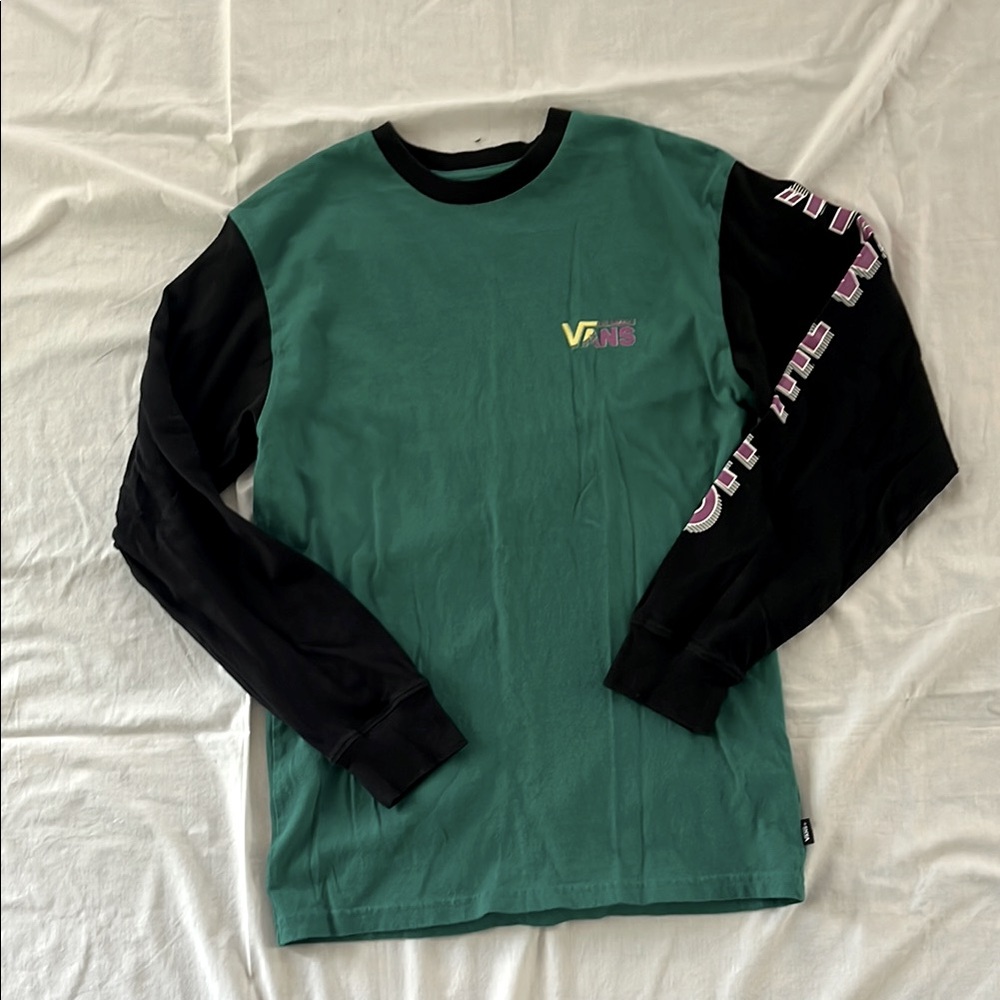 Vans t-shirt, Green & Black Long Sleeve Shirt, “Off the Wall” tour shirt, size S